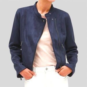 Banana Republic Faux Suede Band Collar Womens Jacket in Midnight Blue Medium